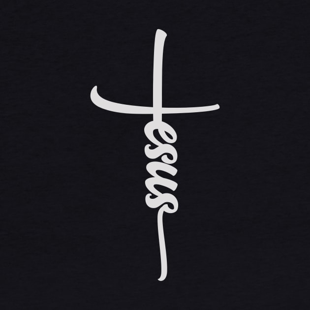 Jesus with cross white text by Selah Shop